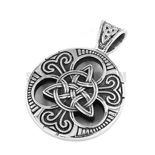Carved Round Celtic Knot Triquetra Pendant Mens Boys Silver Tone Stainless Steel Pendant SWP0403 - Click Image to Close